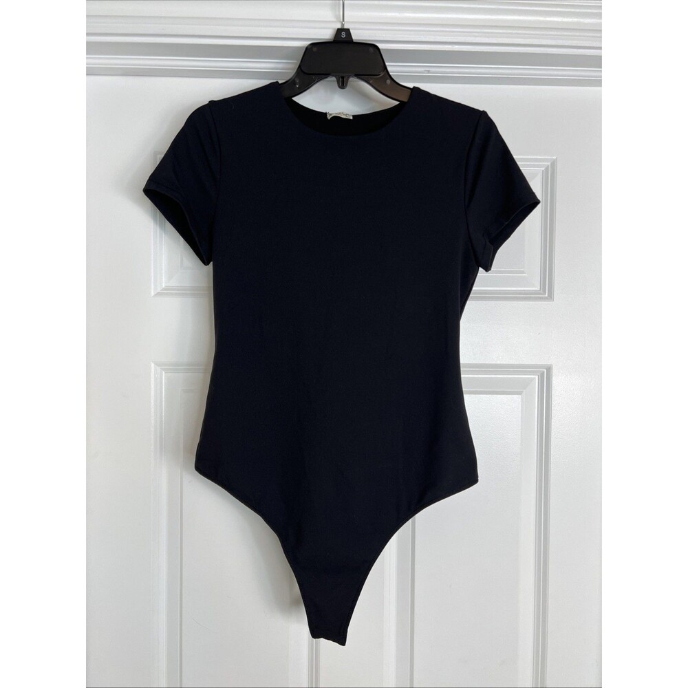 Women’s Free People Intimately M Black Thong Bodysuit Short Sleeve Minimalist